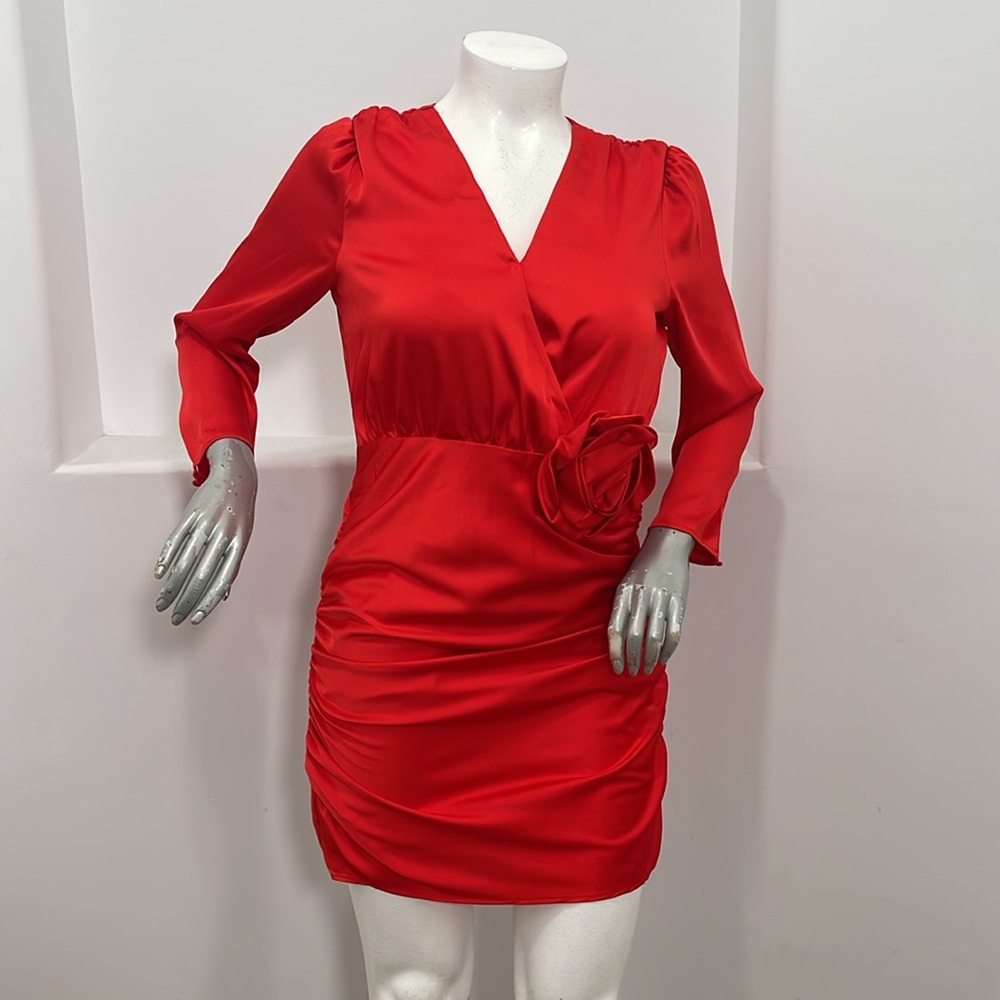 Future Collective Holiday Long Sleeve Rosette Mini Red Dress Size Various - Picture 3 of 13